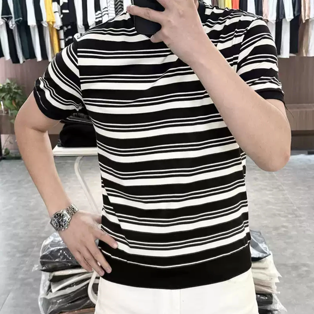 2025春夏新款圆领针织冰丝修身短袖简约百搭条纹短袖
