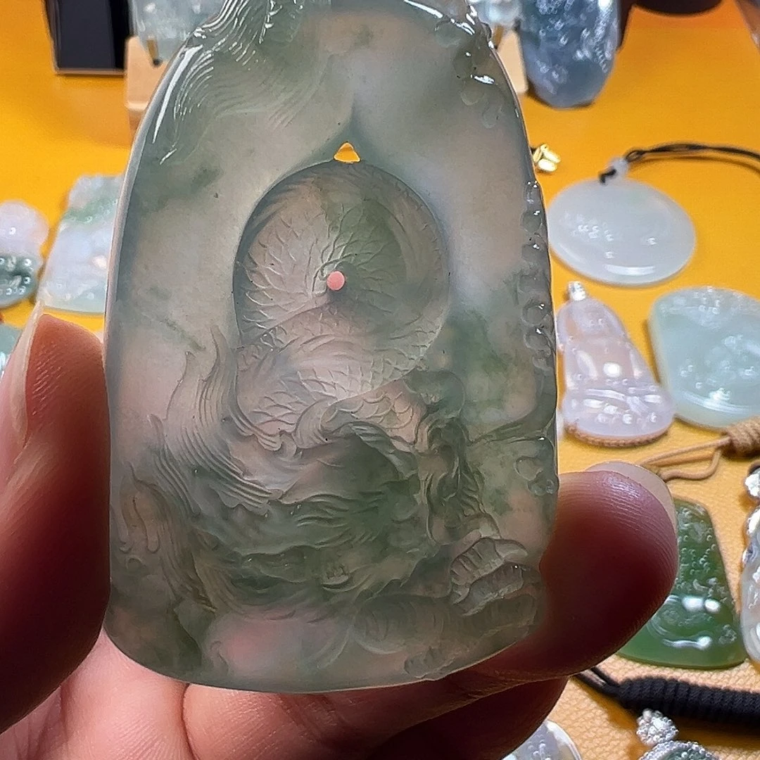 翡翠未镶嵌挂件老冰胶带底色随行龙牌