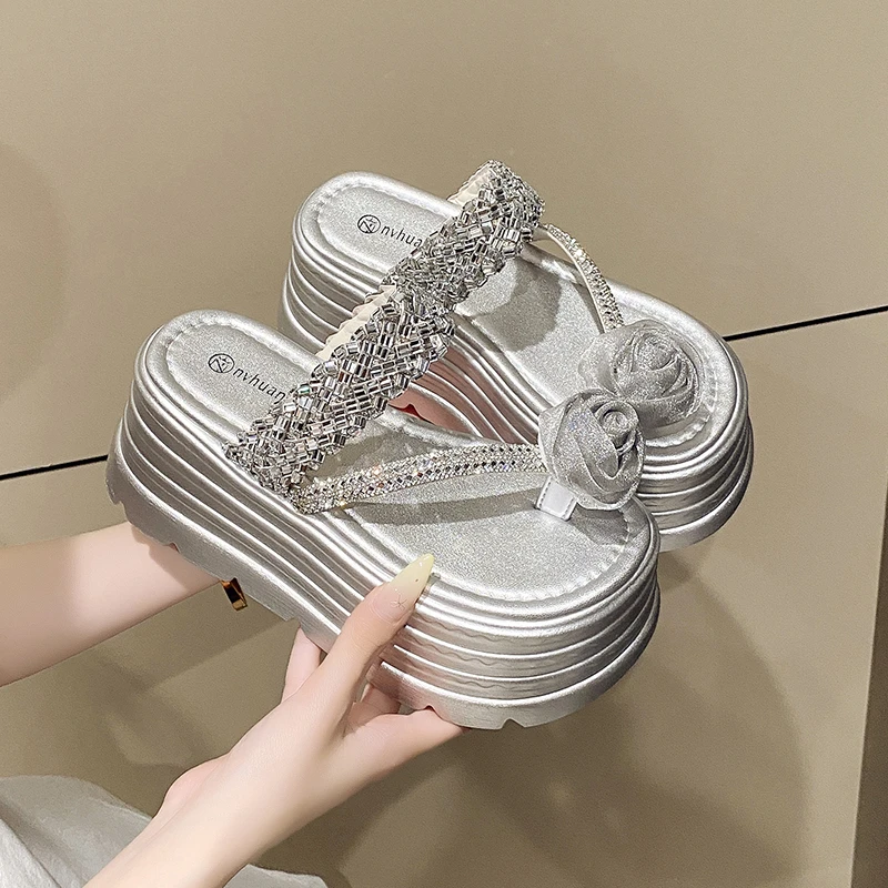 8cm套趾水钻夏新款网红时尚百搭外穿厚底小个子高跟仙女风拖鞋女