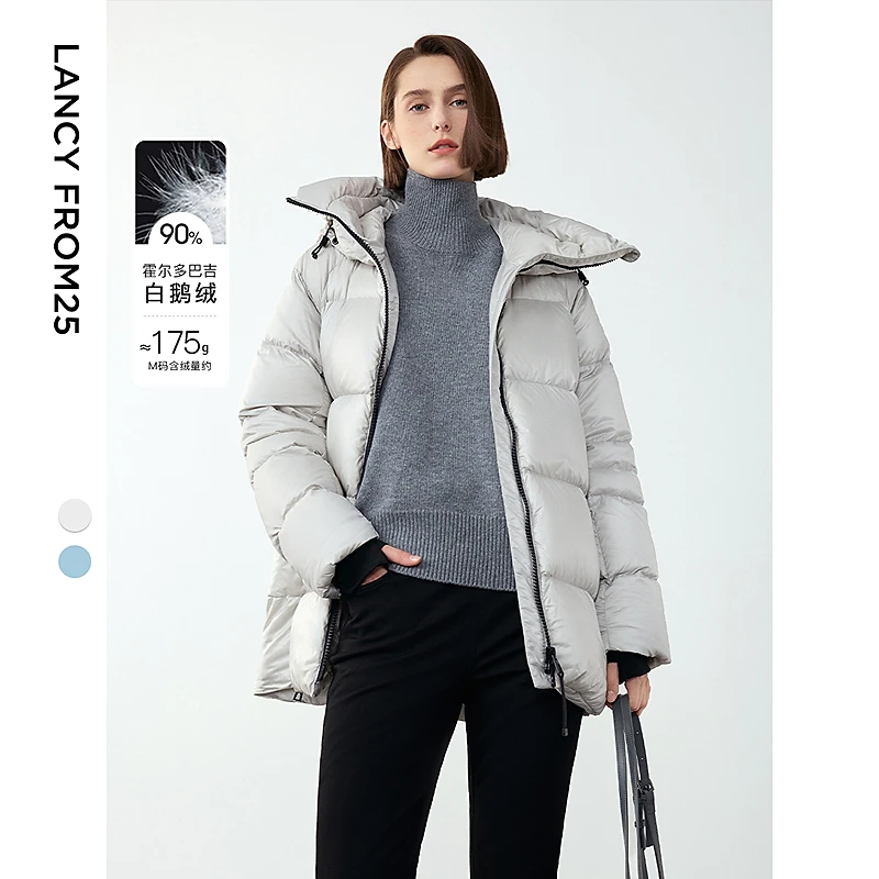 朗姿设计感小众霍尔多巴吉白鹅绒连帽外套女2024年冬季新款羽绒服