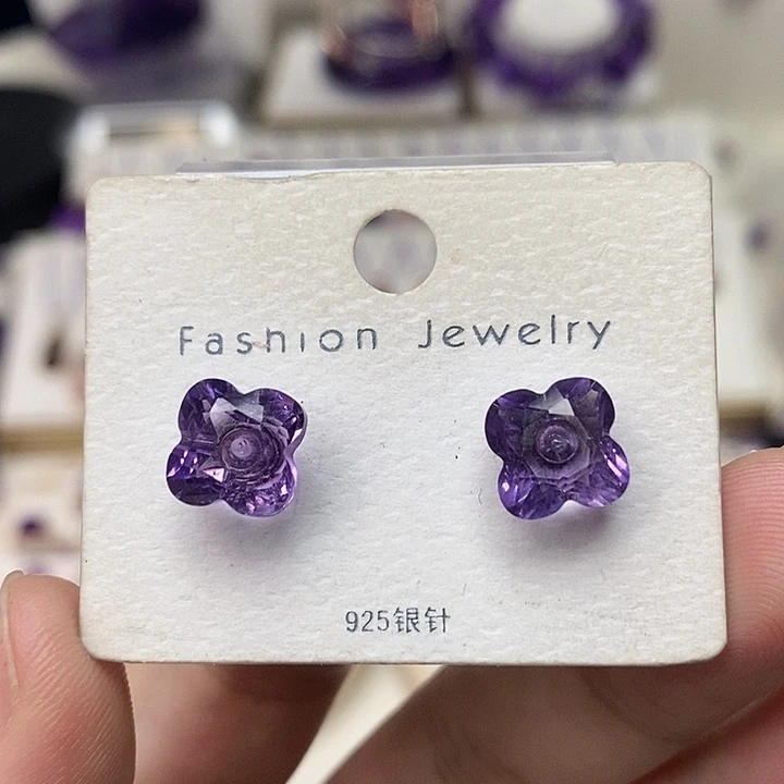 紫晶耳钉银S925镶嵌紫水晶耳钉