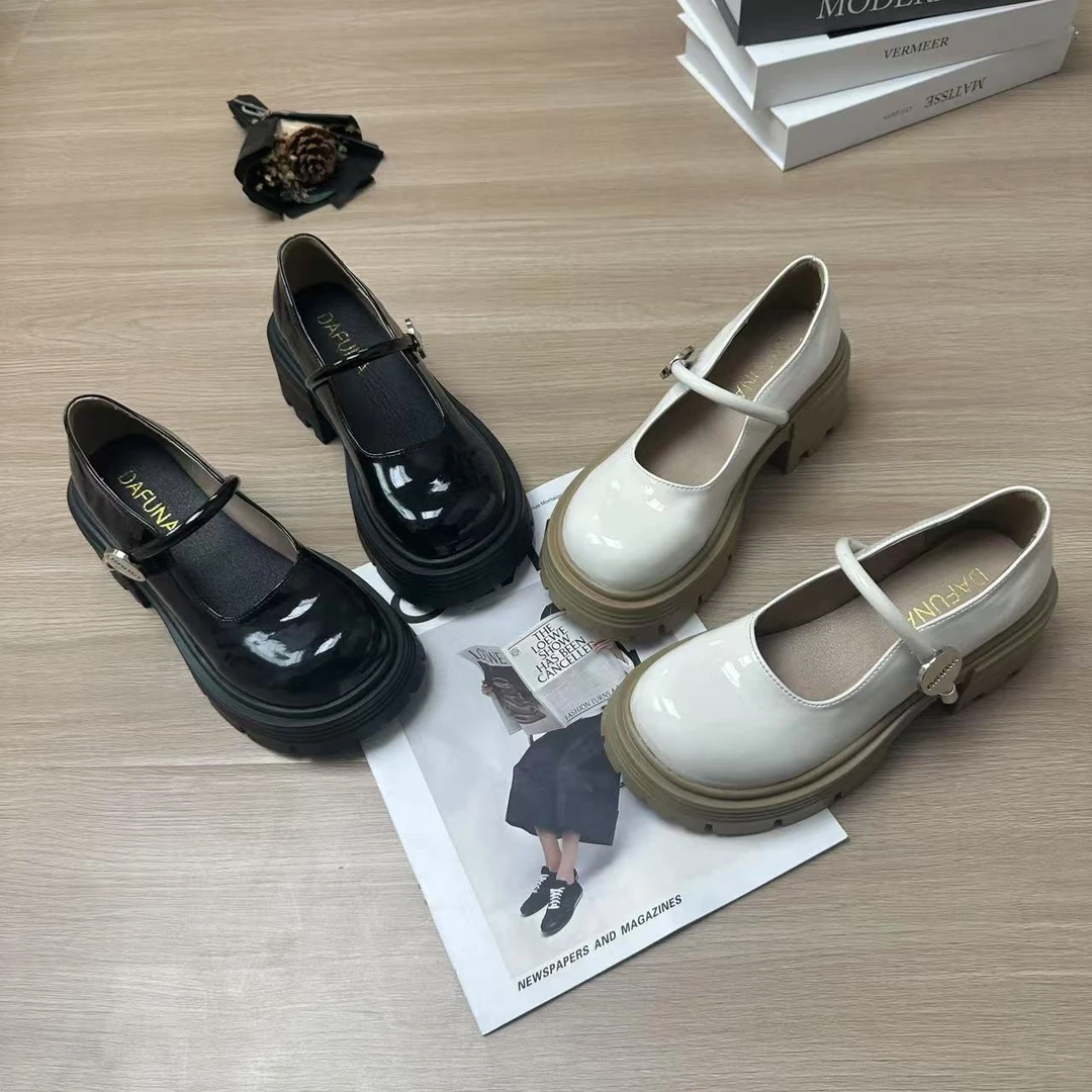 【FTN】玛丽珍女鞋浅口单鞋2025新款鞋配裙子粗跟一脚蹬小皮鞋百搭