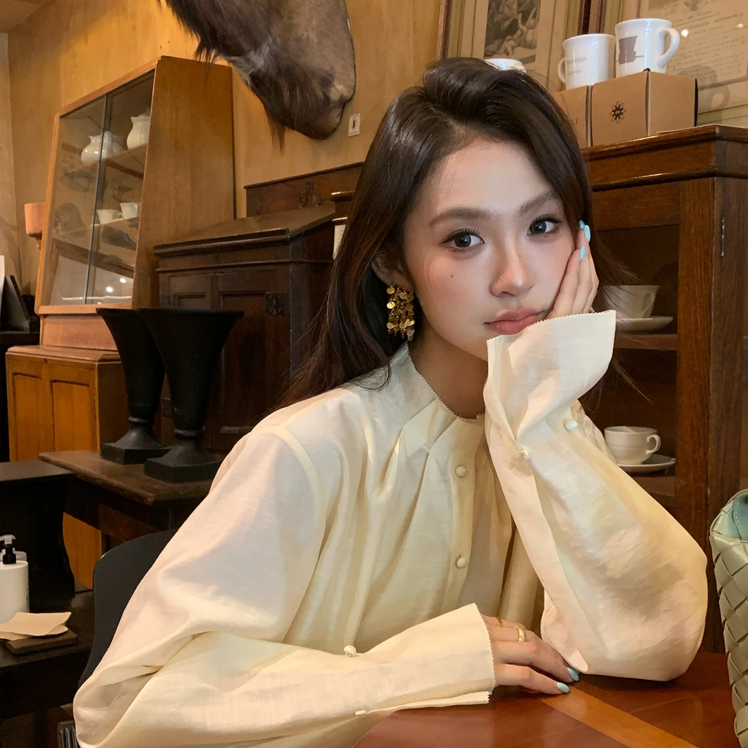 【落日之境】RARE ZZ立领松弛老钱法式优雅黄色轻奢长袖衬衫