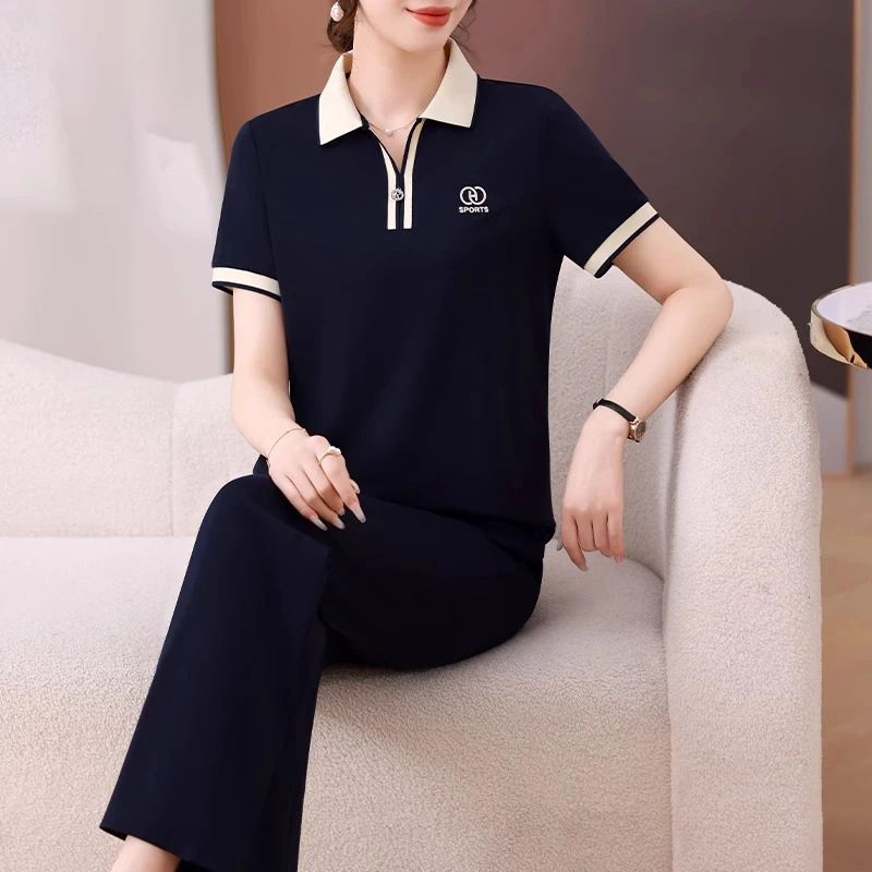 母亲节衣服妈妈夏装翻领短袖T恤上衣中年运动服套装女夏季两件套