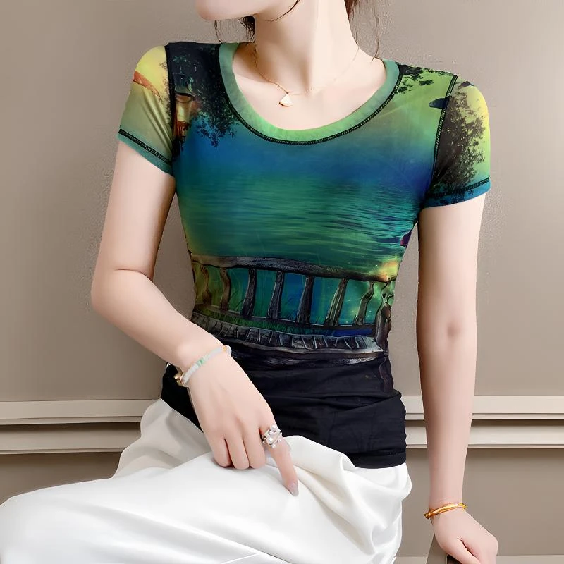 欧洲站2025夏时尚网纱印花短袖t恤女修身显瘦百搭弹性圆领打底衫