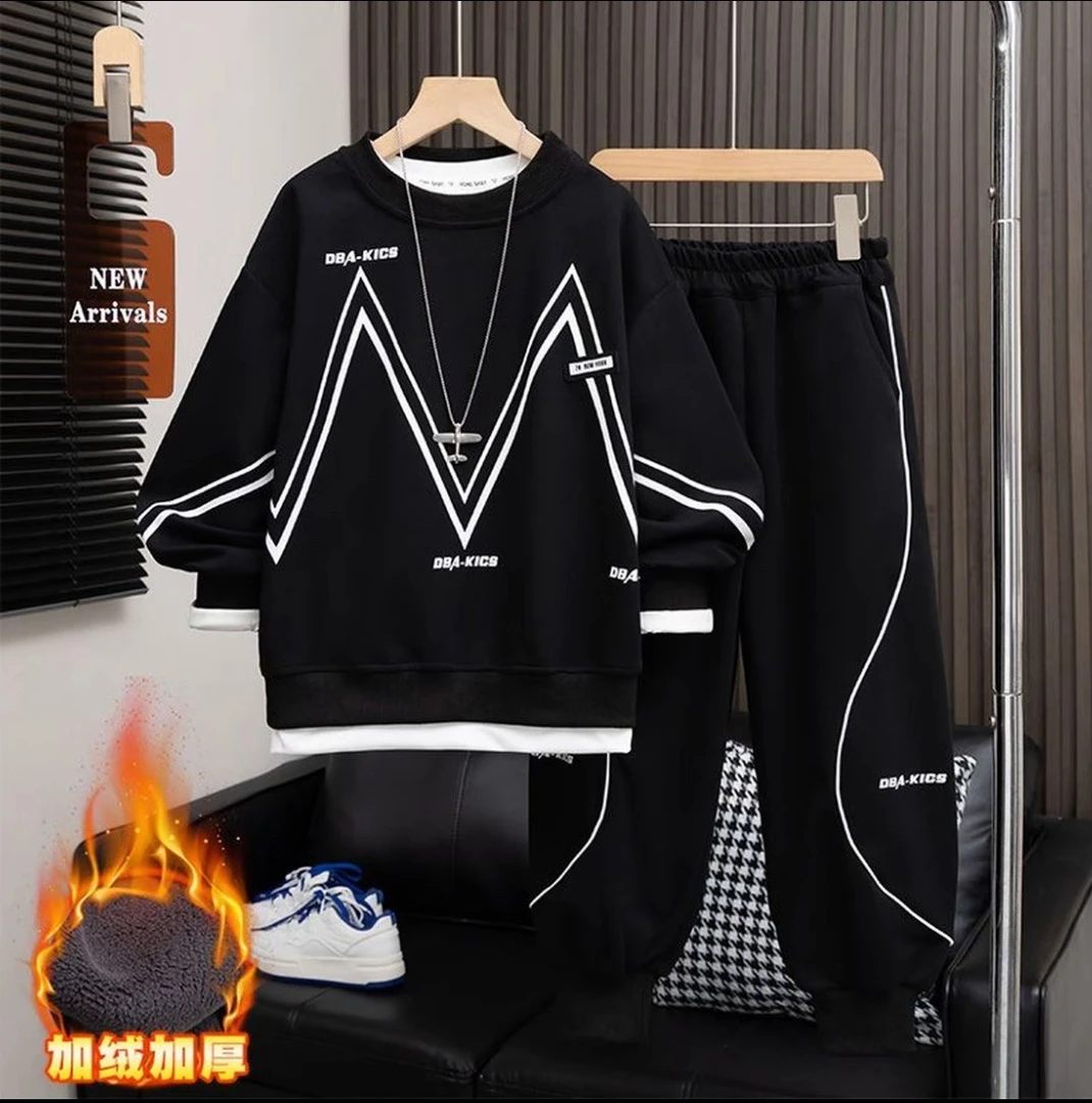 【加绒/不加绒】2025男童休闲韩版卫衣套装新款潮中大童运动两件套
