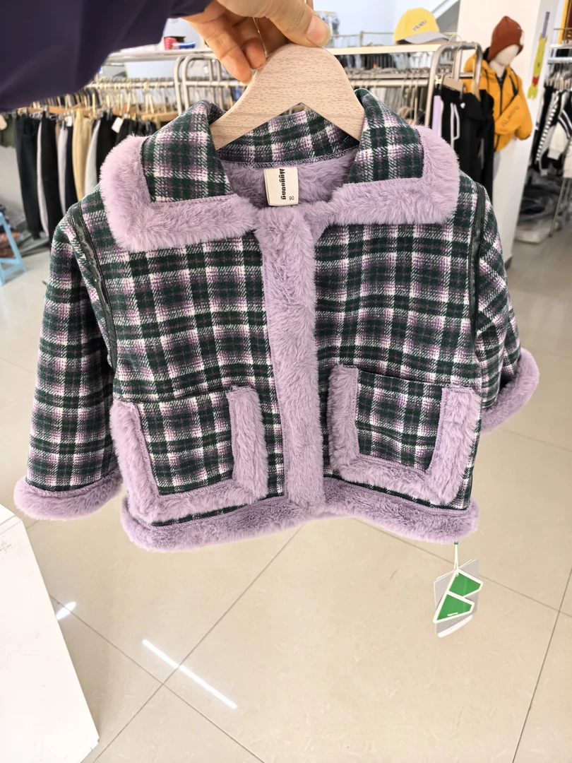 女童加绒加厚小香风外套秋冬韩版洋气保暖中小童时髦翻领上衣