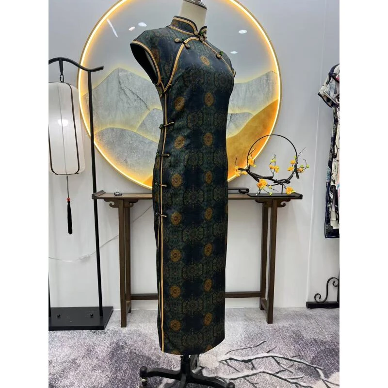 2025新款001花罗美龄襟旗袍XMFM-XL天丝滑缎修身双面绉扎染印花