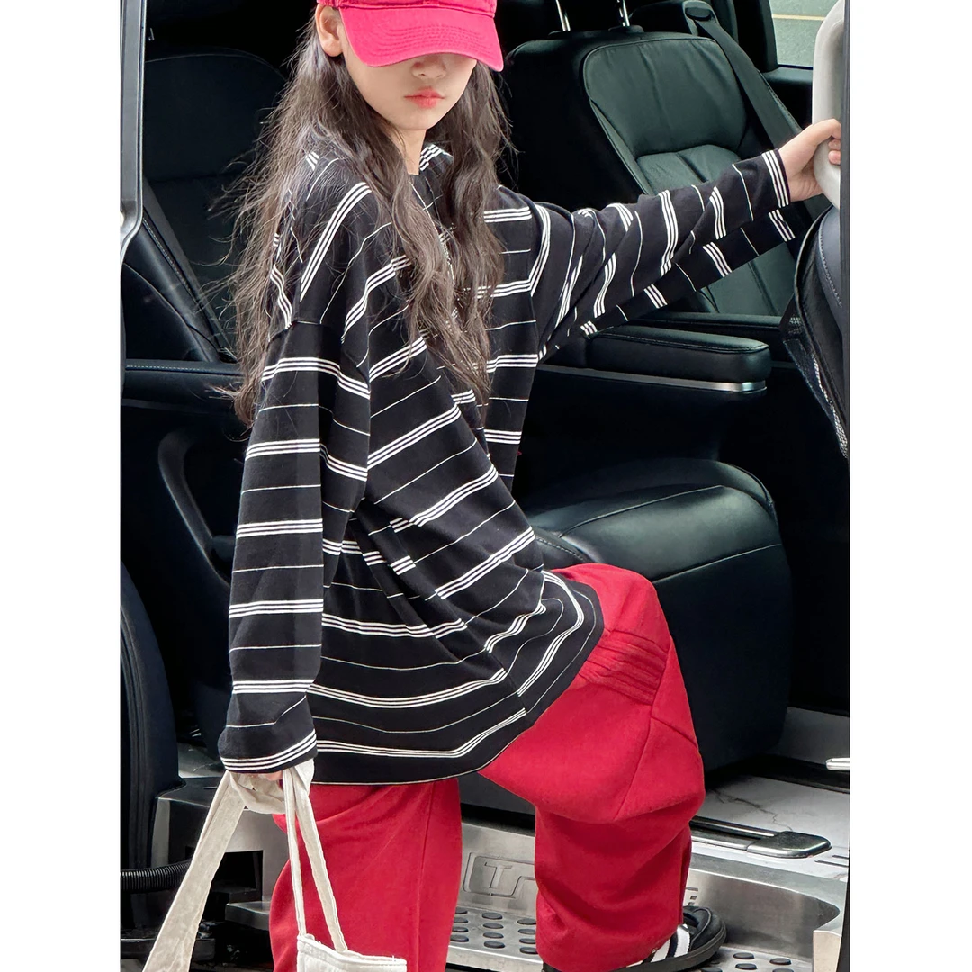 K28110孙小美韩系女童长袖T恤2025春秋装新款儿童条纹上衣打底衫