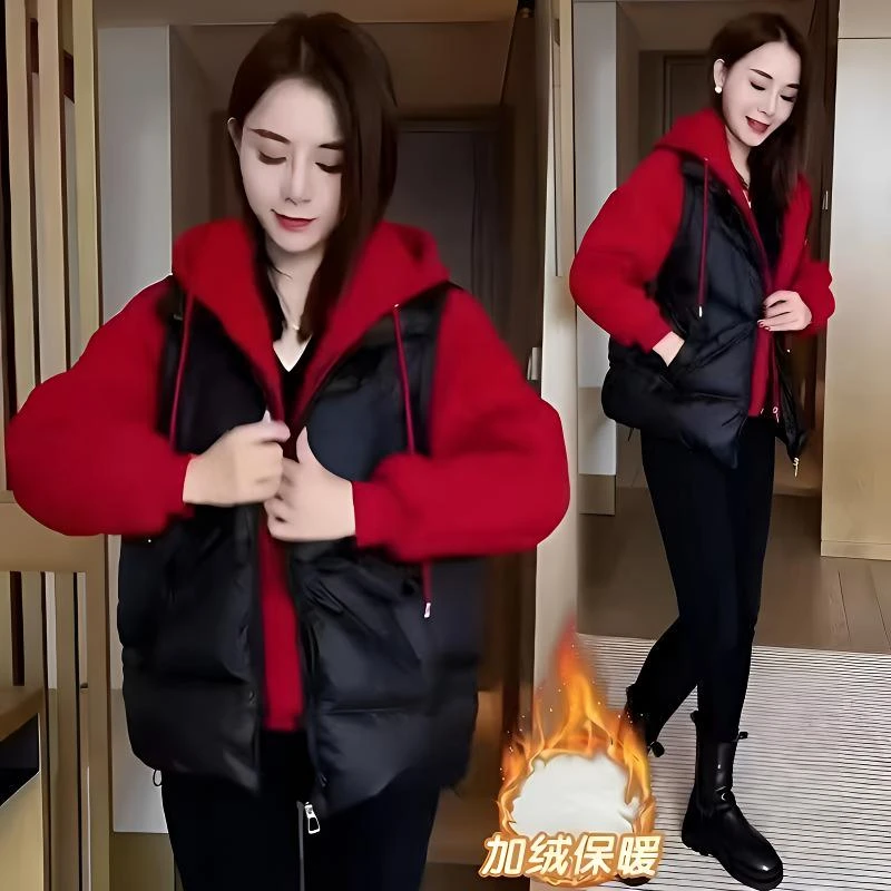 假两件棉服女时尚百搭加绒加厚洋气拼接棉袄妈妈高端冬季棉衣外套