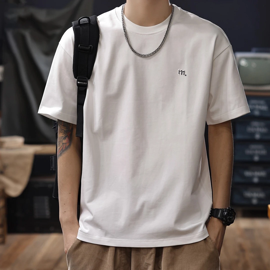 U&PURA纯棉刺绣t恤短袖男上衣纯白色圆领简约基础款宽松重磅体恤