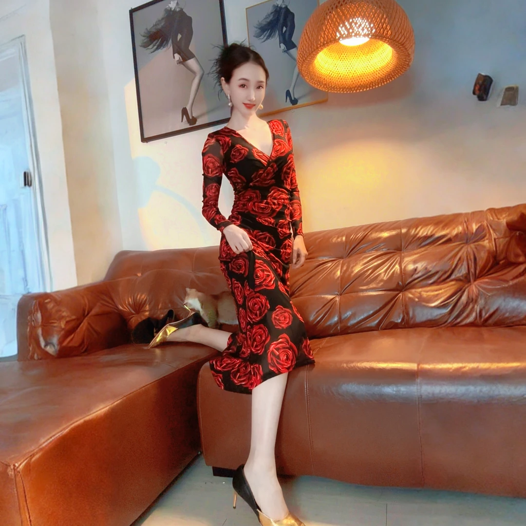 高弹款复古港风{花样年华}修身鱼尾长款长袖连衣裙包臀秋冬