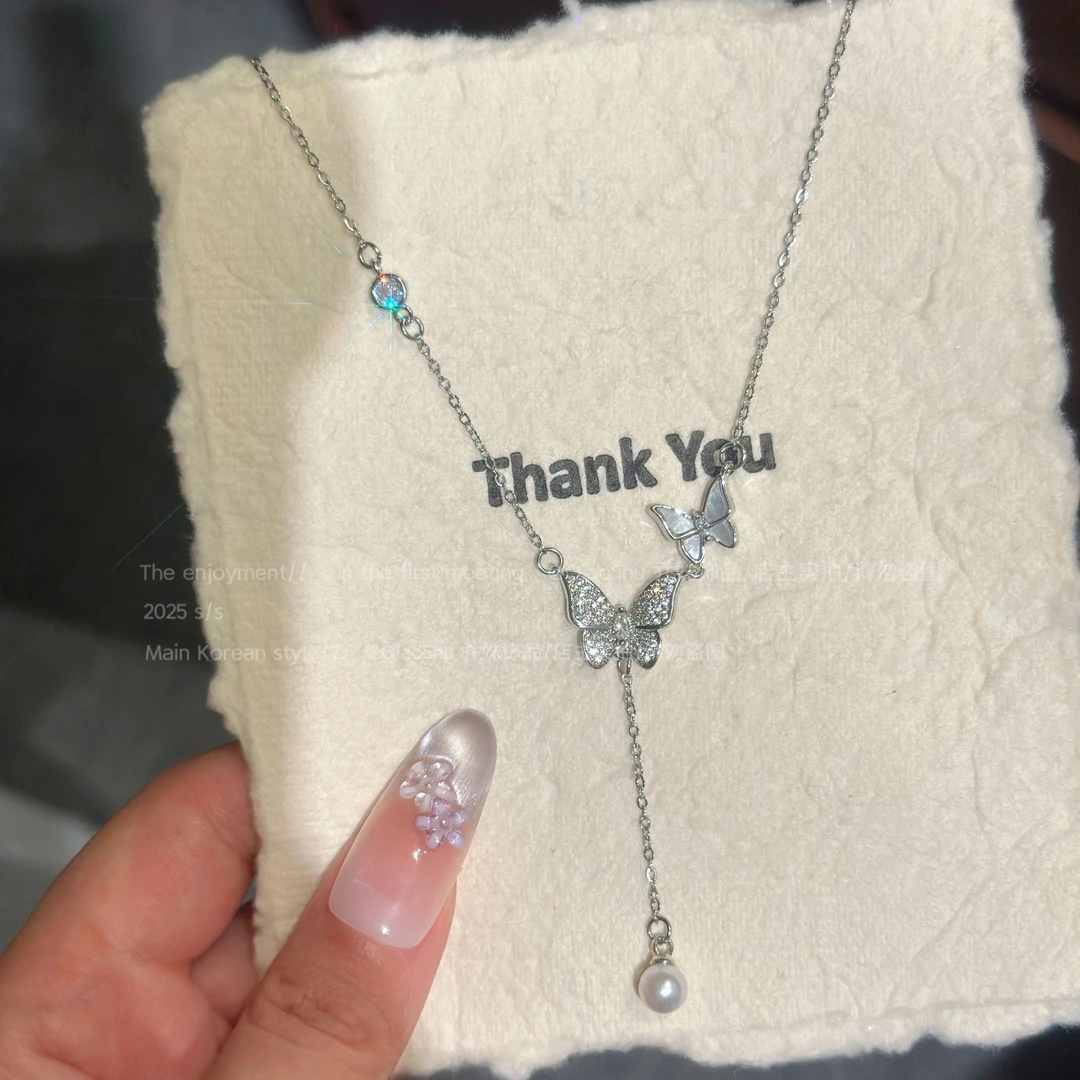 铜合金合成锆石项链 A408精致蝴蝶珠珠流苏项链女小众闪锆锁骨链