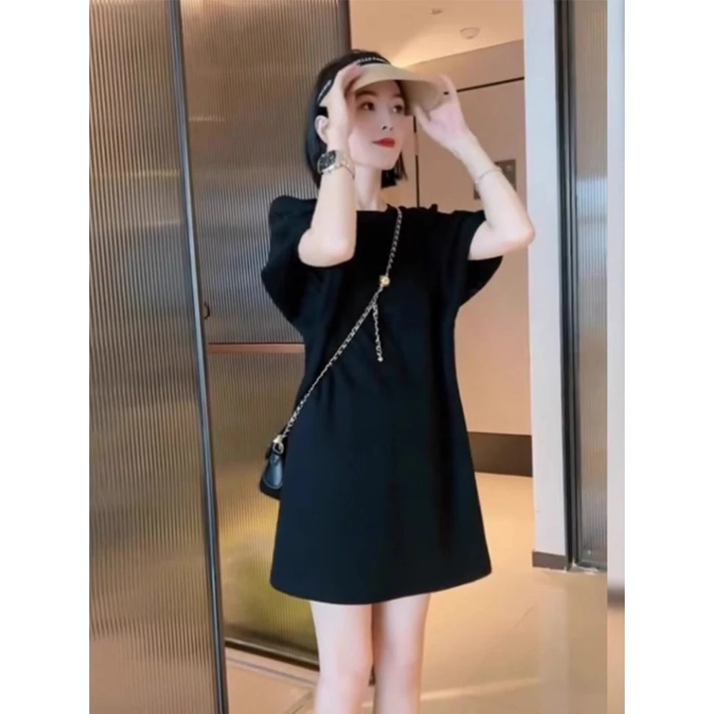 欧货泡泡袖连衣裙女2025夏季新款大码胖mm显瘦宽松蝴蝶结遮肉裙子