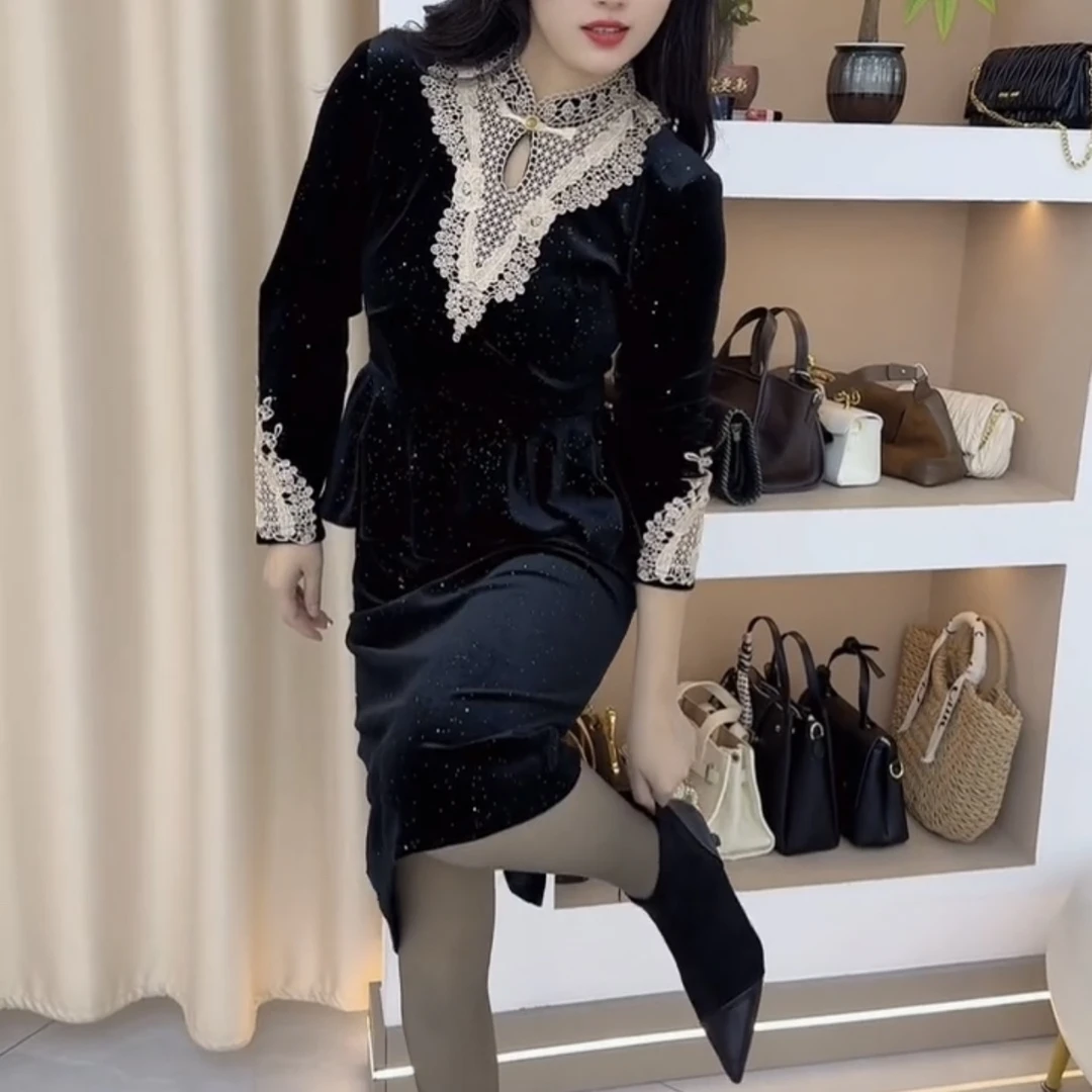 秋冬季满天星宫廷星空复合加厚闪亮亮显瘦长袖连衣裙女