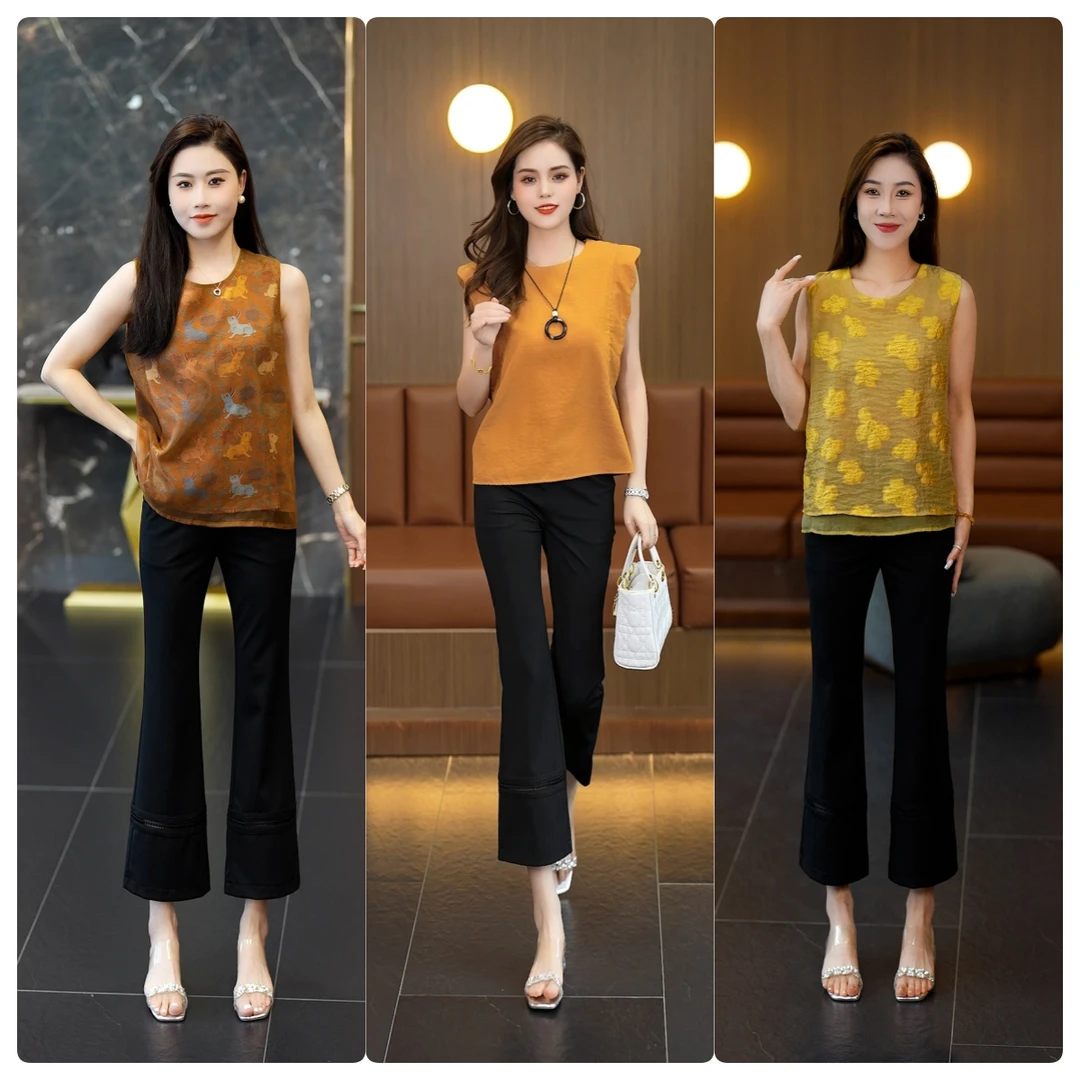 拉夏贝尔黑色九分镂空冰丝气质高腰微喇休闲裤女夏季薄款喇叭裤