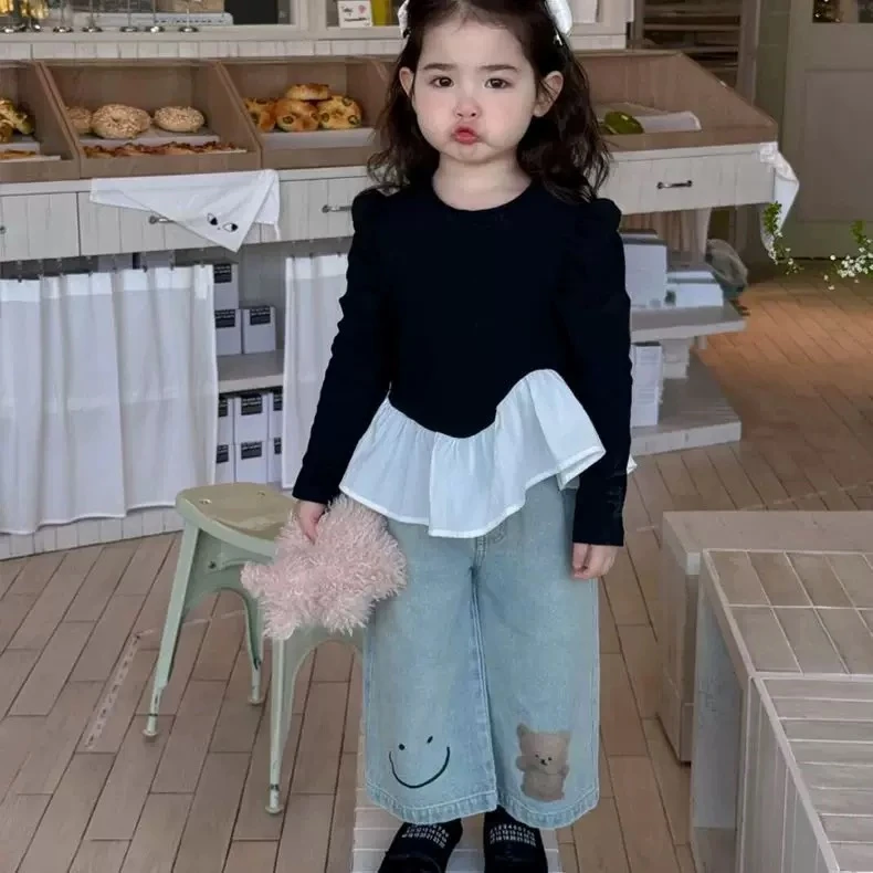 儿童套装春秋季2025新款女童洋气时髦宝宝荷叶边打底衫卡通牛仔裤