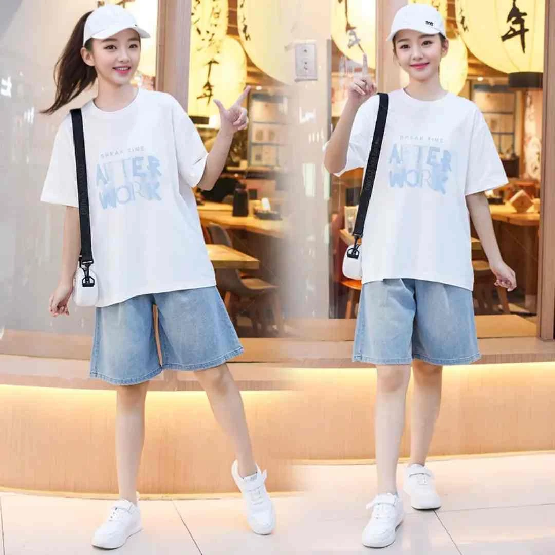 女童夏装短袖套装新款2025中大童夏季宽松休闲洋气牛仔短裤两件套