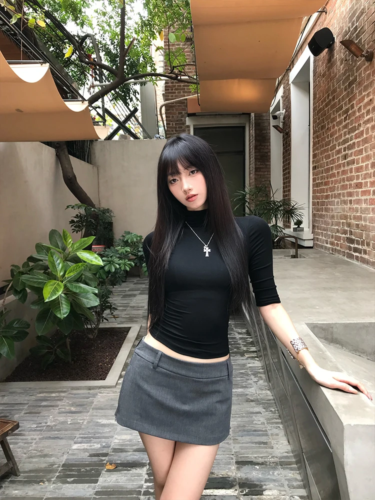 女夏修身显瘦短款半高领半袖上衣美式辣妹正肩黑色短袖T恤