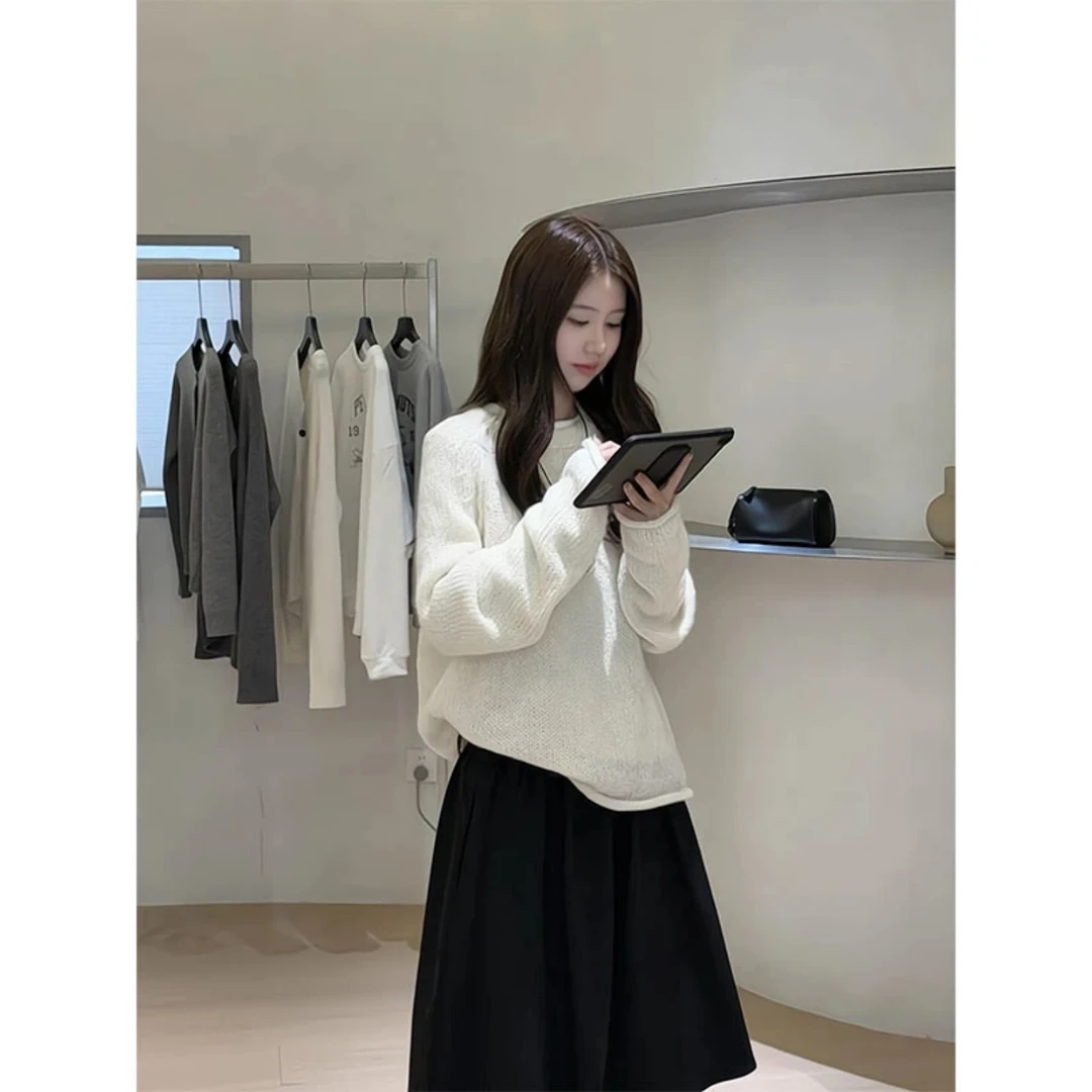 韩系温柔简约慵懒感卷边领口宽松百搭针织衫上衣显瘦宽松裙子套装