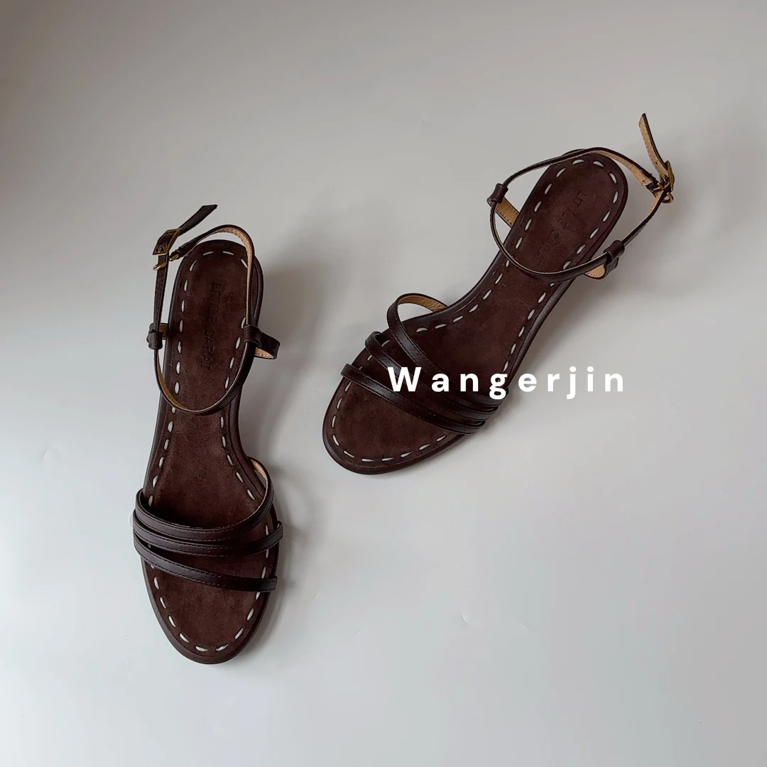 【王二今】牛皮/5CM/粗高跟圆方头日常气质一字带后空时装凉鞋女