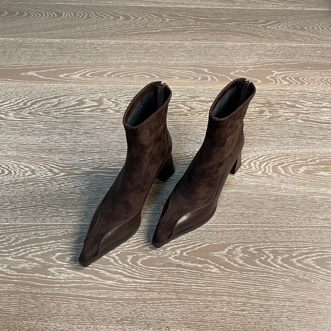 7CM弹力绒面冬季方头女鞋高跟法式方头瘦瘦靴百搭秋冬时装靴时尚