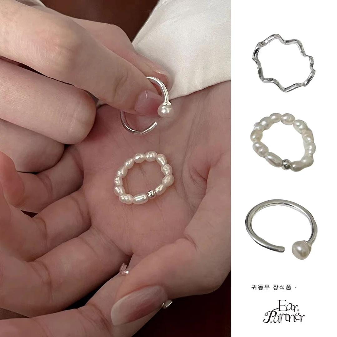 925银仿珍珠戒指 925纯银珍珠波浪纹素圈小众高级戒指女开口设计