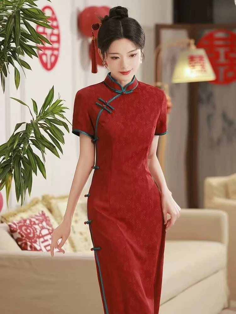 0943 【朱红】 蓝边 测八 双层 春夏 旗袍