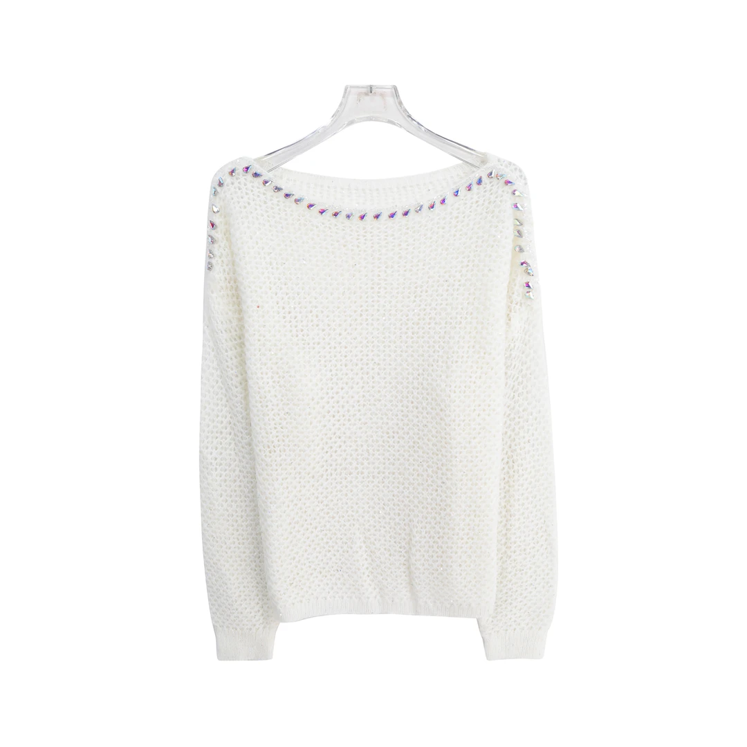 S重工镶钻镂空宽松甜美减龄长袖针织衫X2713