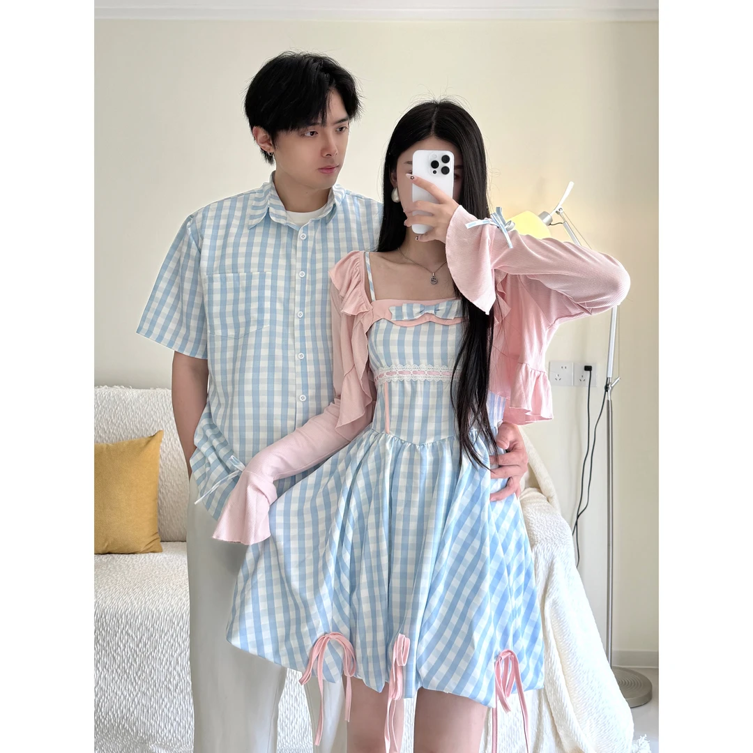 温柔甜美风蓝色格纹吊带连衣裙女夏季蝴蝶结蓬蓬短裙子开衫男衬衣