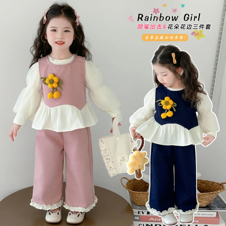 女童秋季花朵牛仔套装2025新款儿童时髦洋气秋装韩版阔腿裤三件套