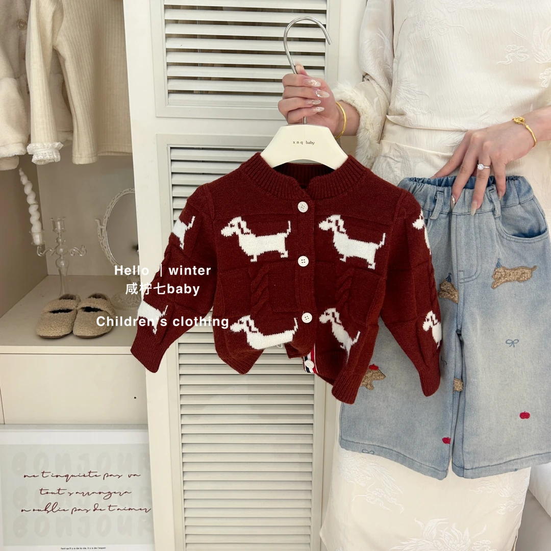 【现】韩国儿童针织开衫男女童红色毛衣外套2025冬新款新年拜年服