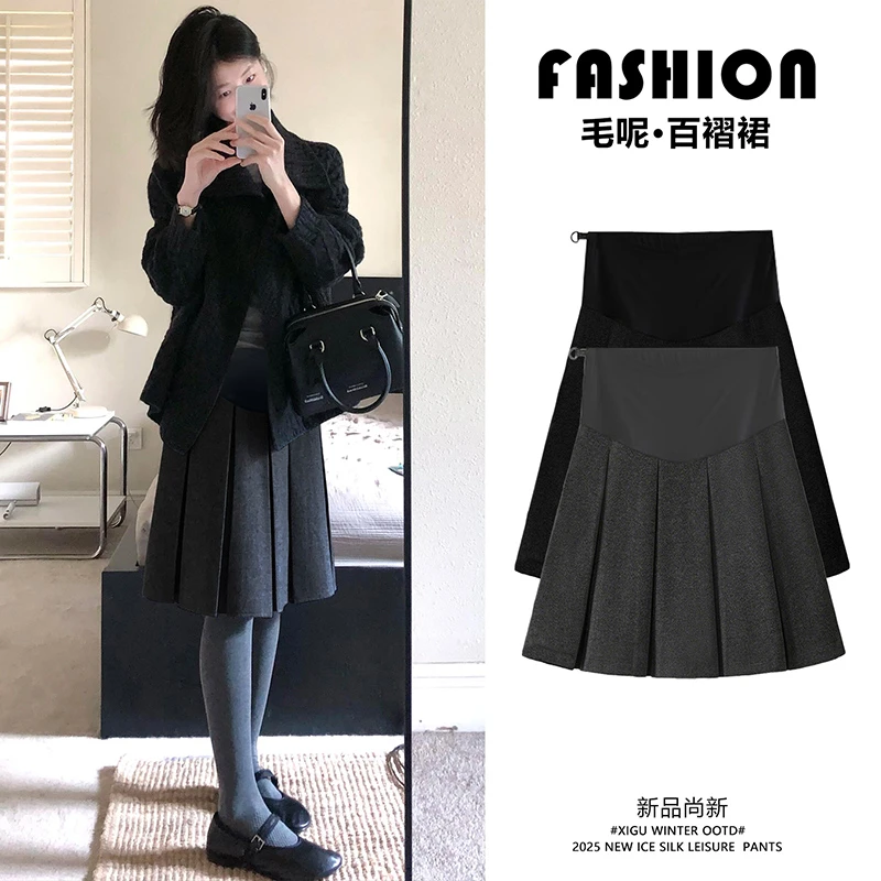 孕妇裤灰色毛呢百褶裙冬季2025新款显瘦短裙小个子a字中裙半身裙
