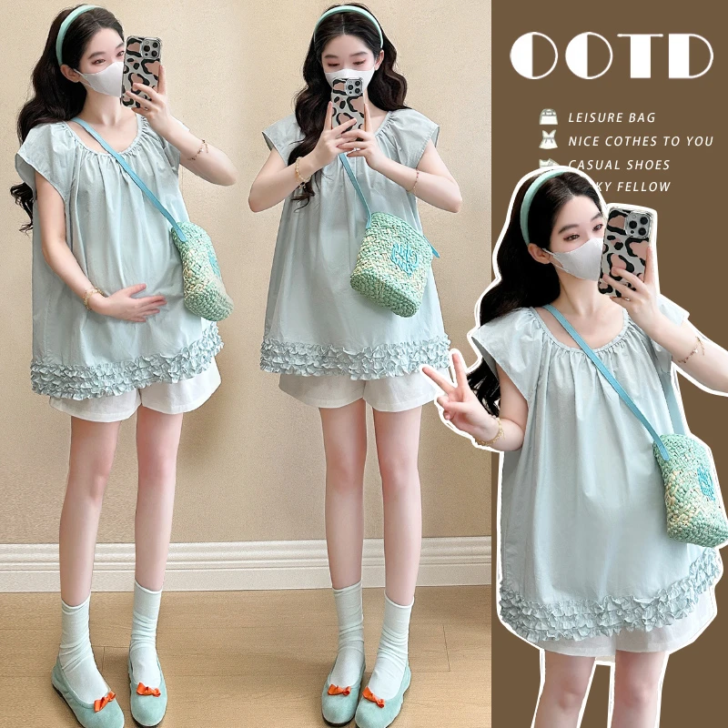 孕妇时尚上衣2025夏新款百搭圆领木耳边拼接短袖小飞袖衬衫