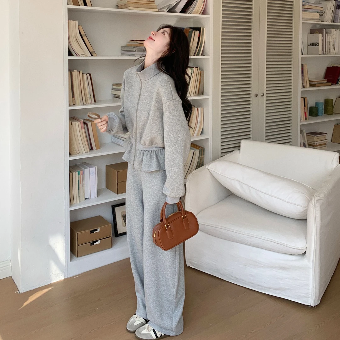 灰色韩系气质花苞卫衣套装女2025春季新款设计感弯刀阔腿裤两件套