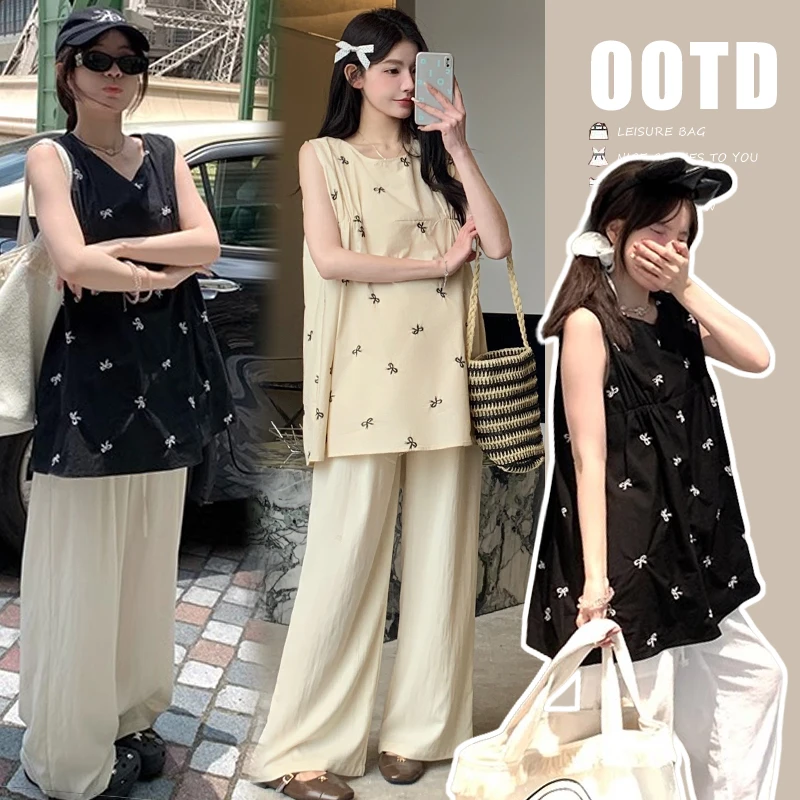 R192#3.2 2025夏季新品刺绣无袖韩版上衣+阔腿裤