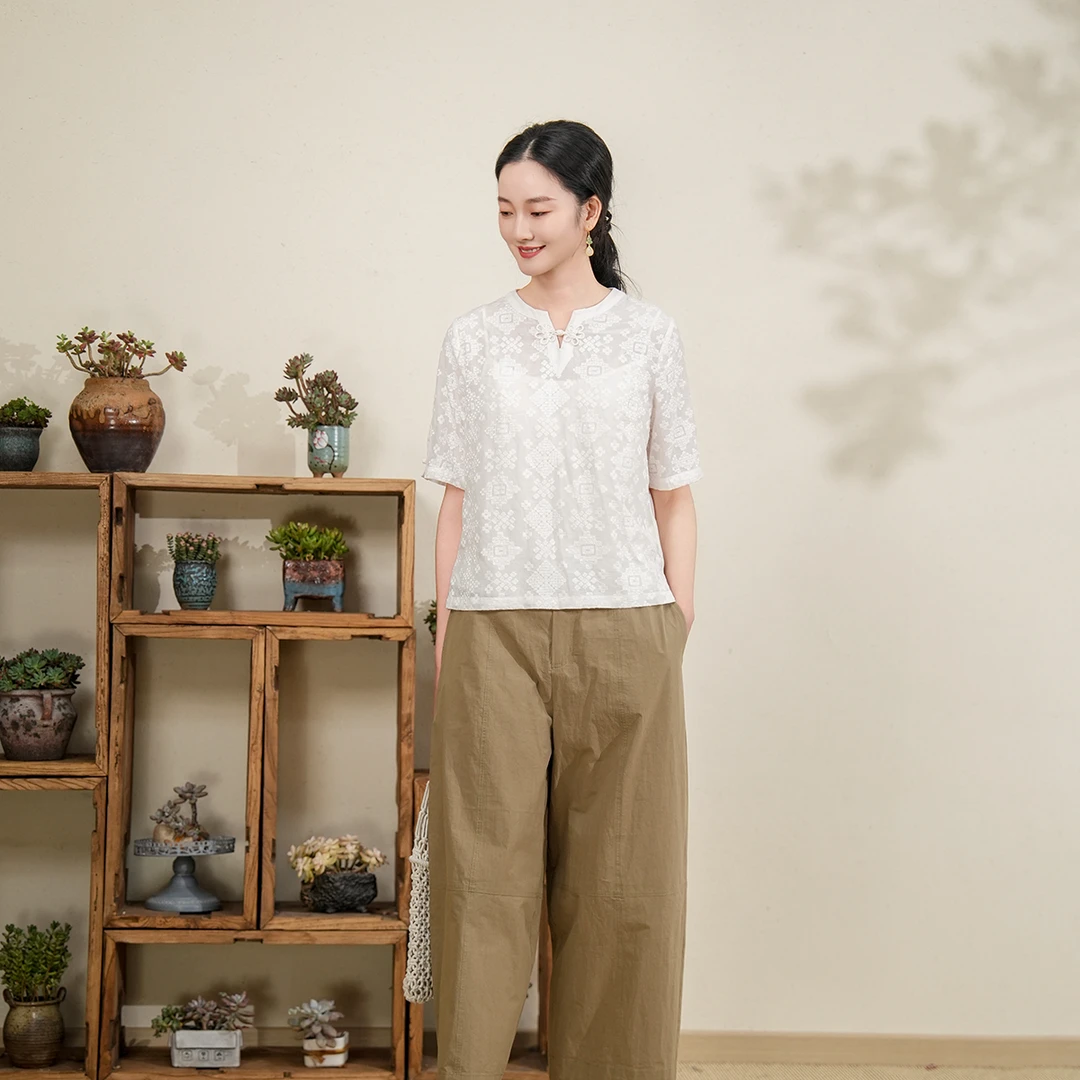 布符2025年夏季新品开口领盘扣白T恤女装复古显瘦百搭款MXDX29