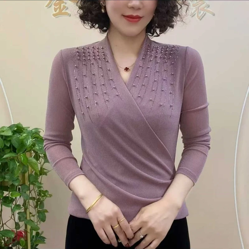 春夏款打底衫内搭洋气网纱长袖斜襟领钉珠女士大码显瘦修身上衣