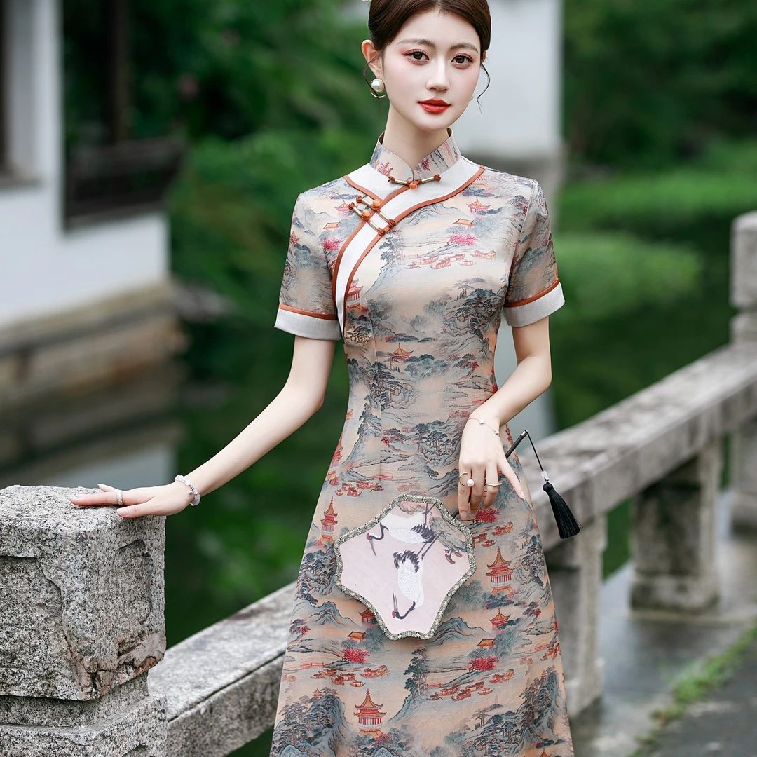 一帆风顺 民族风薄款提花低领复古京派旗袍显瘦小个子印花日常