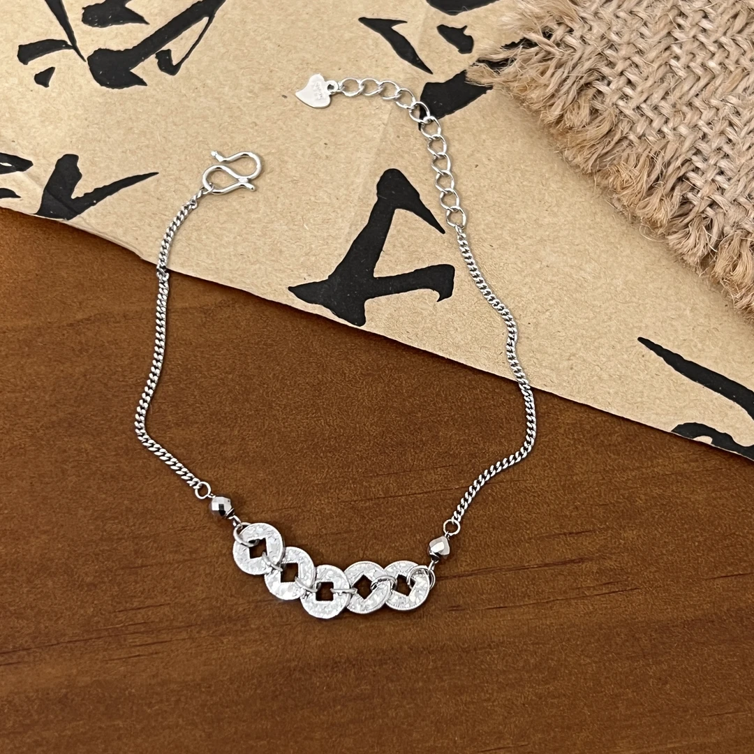 925银手链 新中式五帝钱币手链女爆闪蹦迪珠钱币银手链20cm