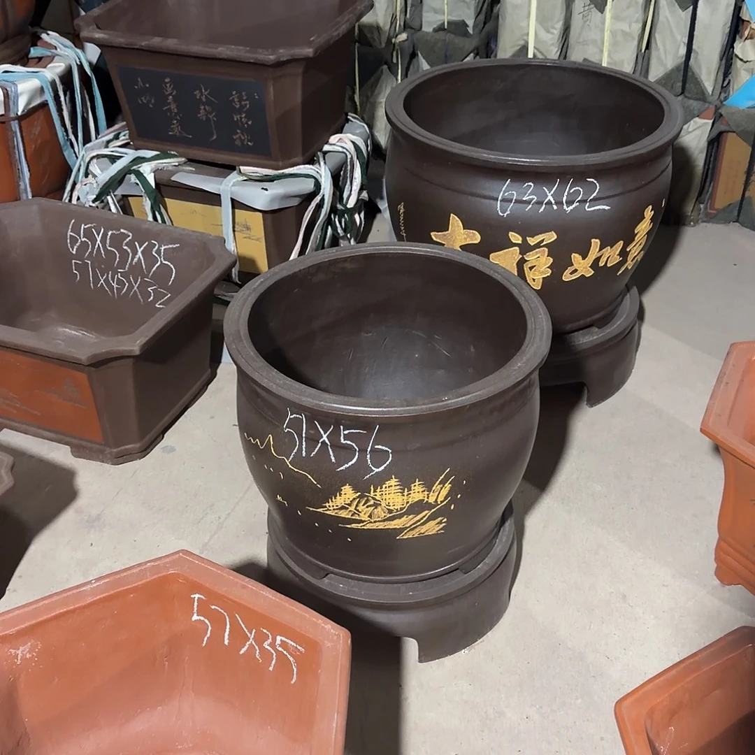 壕***性紫砂花盆圆盆小号两只