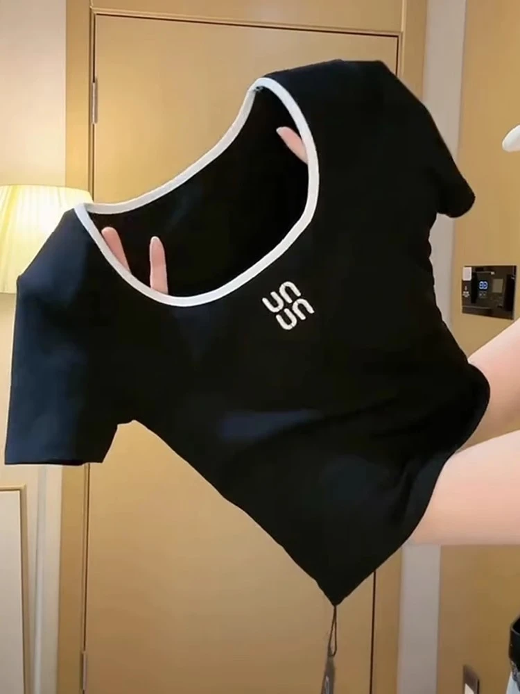 设计感镂空方领短袖2025夏季新款韩系时尚后背漏空修身显瘦上衣女