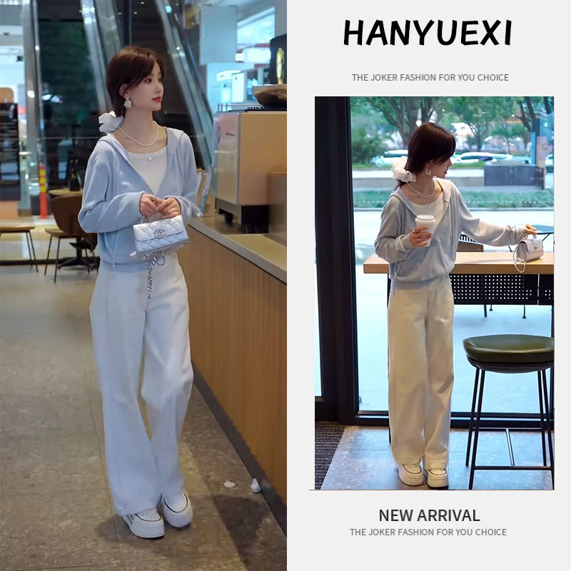 今年流行穿搭一整套2025新款拼接假两件连帽针织衫直筒牛仔裤套装