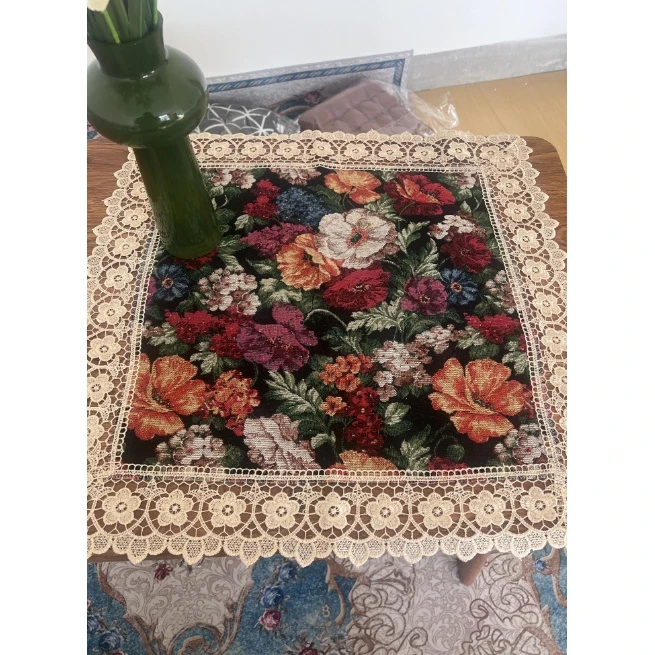 ZN101-3棉麻交织布【60*60】黑底百花齐放水溶边桌布茶几布莫奈油画