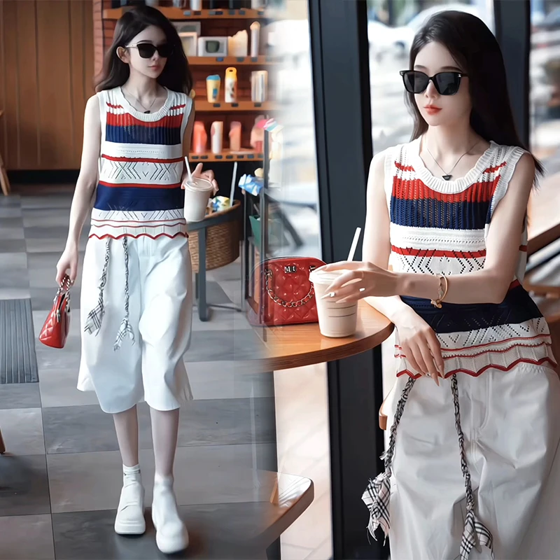 条纹夏季圆领女无袖镂空毛针织衫百搭高腰六分裤子显瘦减龄两件套