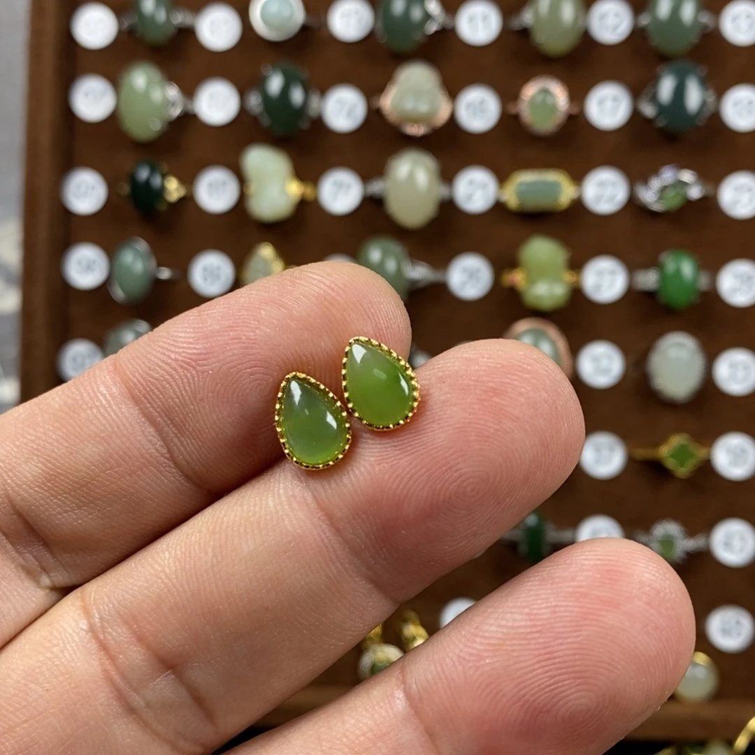 和田玉（碧玉）戒指银S925镀金镶嵌