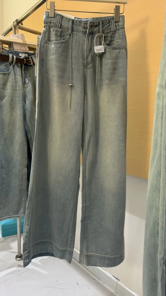 6675高腰显瘦阔腿牛仔裤复古设计宽松垂感拖地休闲直筒裤