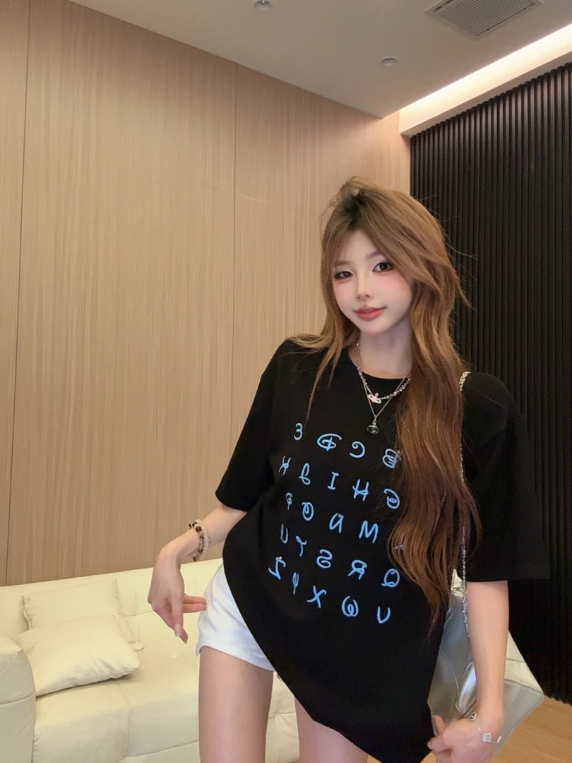 李馨儿【字母表】气质夏季学生短袖时尚修身拼接法式打底百搭T恤