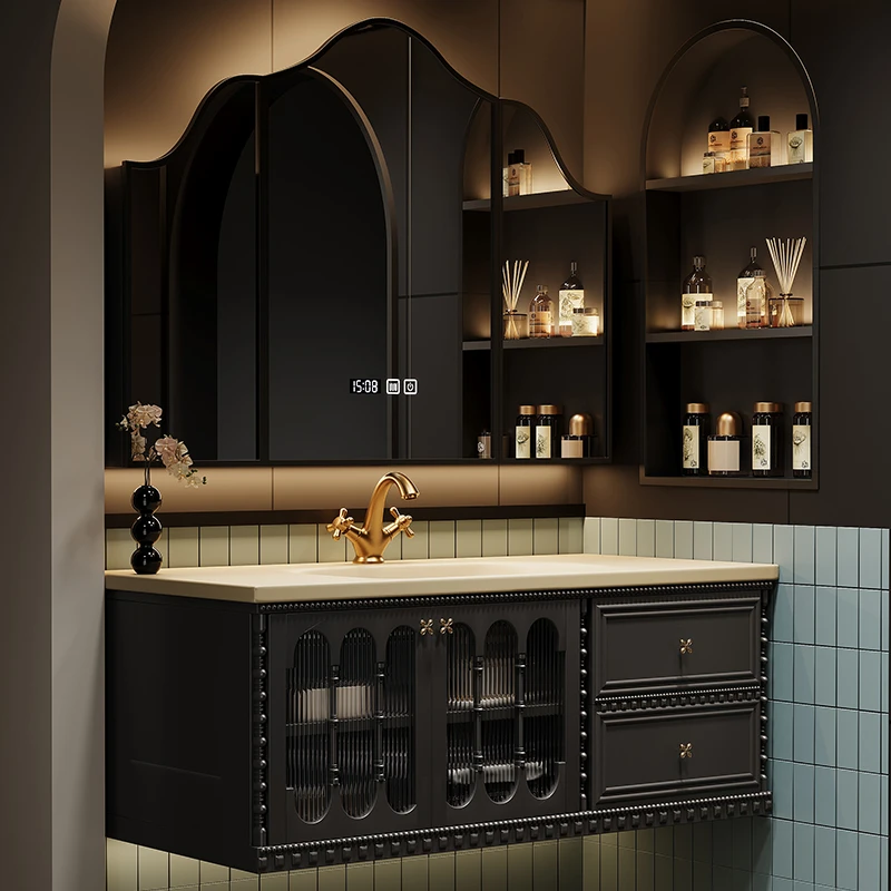 橡木法式复古浴室柜组合卫生间岩板洗漱台洗手脸盆卫浴柜定制