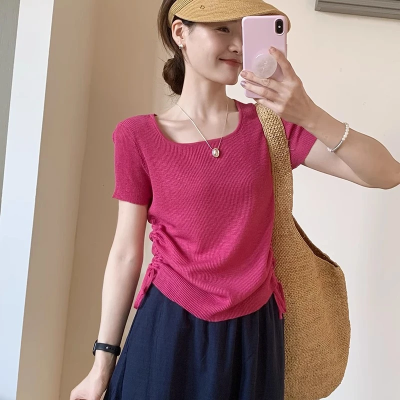 树莓粉色方领针织短袖T恤女夏季小个子修身显瘦收腰抽绳正肩上衣
